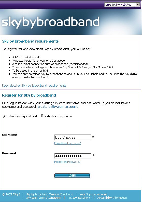 Sky by broadband sign up page