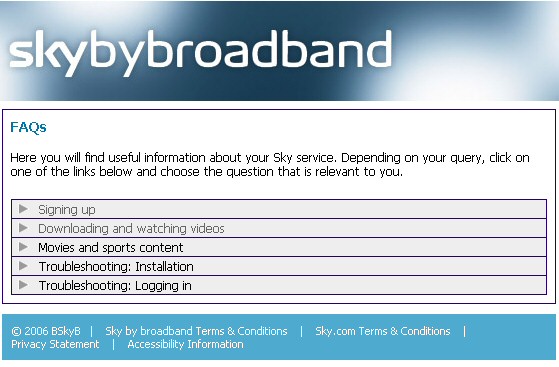 Sky by broadband FAQ page