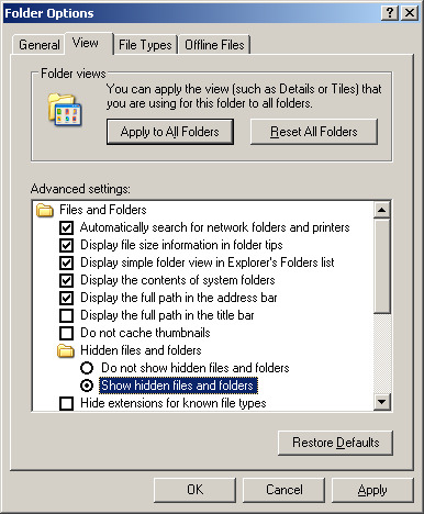 Folder Options - Show hidden files and folders