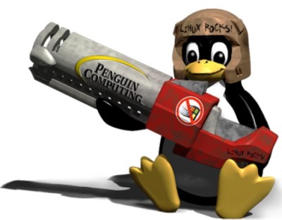 Tux the Linux mascot w/ Quake 3 rocket launcher. Image from PenguinComputing.com