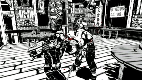 The combination of stylized black and white graphics, over-the-top violence, 
