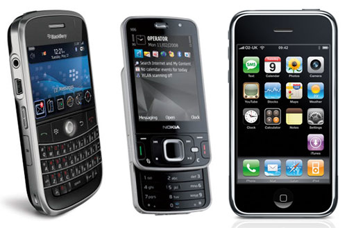 BlackBerry Bold (left), Nokia N96 (centre), Apple iPhone 3G (right)