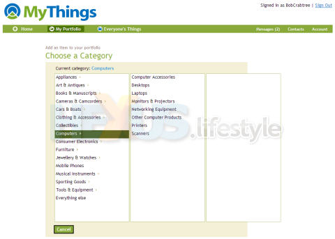 MyThings - choosing a product category