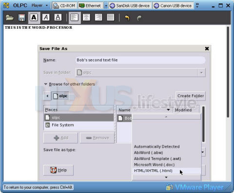 Sugar - AbiWord word processor - saving file