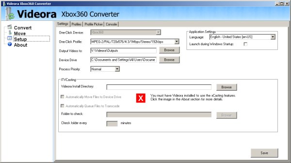 Videora Xbox360 Converter Settings tab