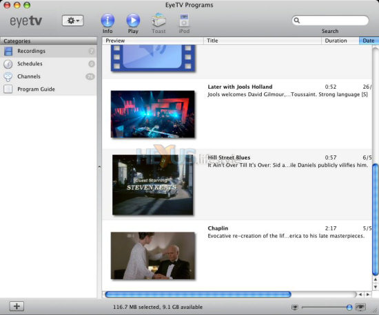 eyetv's recordings listing - big thumbnails