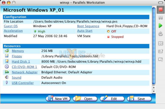 Parallels Desktop for Mac - startup window for XP virtual machine