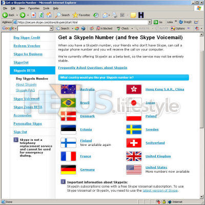 Choose the virtual country for your SkypeIn number