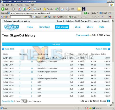 SkypeOut history showing duration of calls and cost