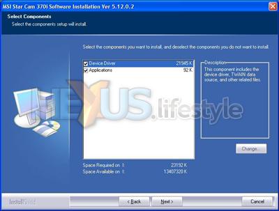 MSI StarCam 370i installer first custom option