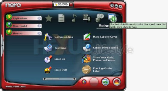 Nero StartSmart front-end - Extras tasks for CD and DVD - page 1 of 2