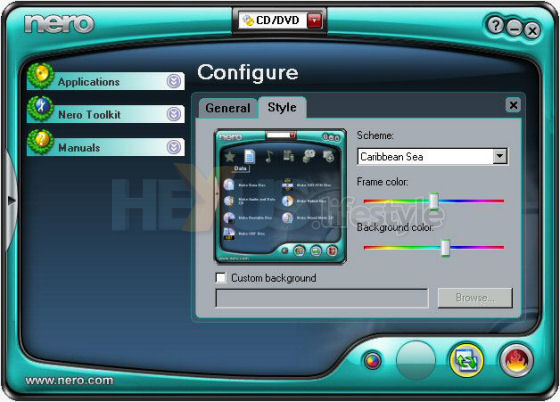 Nero StartSmart front-end - Configuration - Style - choosing Caribbean Sea look