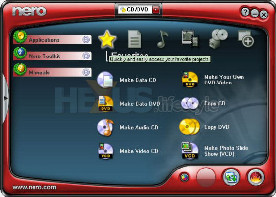 Nero StartSmart front-end - showing favourite tasks for CD and DVD